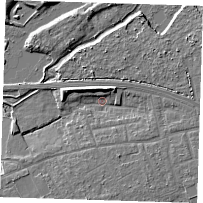 Shaded relief map of the ground around RM139NG, computed from Environment Agency LiDAR. The ground here sits at about 4 m above sea level and falls 9 m across the surrounding 800 m. Surface water reaching this point runs off ground lying to the north-north-east, 7.3 m higher.