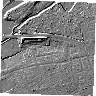 Shaded relief map of the ground around RM139NJ, computed from Environment Agency LiDAR. The ground here sits at about 4 m above sea level and falls 9 m across the surrounding 800 m. Surface water reaching this point runs off ground lying to the east, 4.5 m higher.