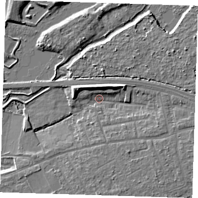 Shaded relief map of the ground around RM139NQ, computed from Environment Agency LiDAR. The ground here sits at about 4 m above sea level and falls 9 m across the surrounding 800 m. Surface water reaching this point runs off ground lying to the north-east, 7.4 m higher.