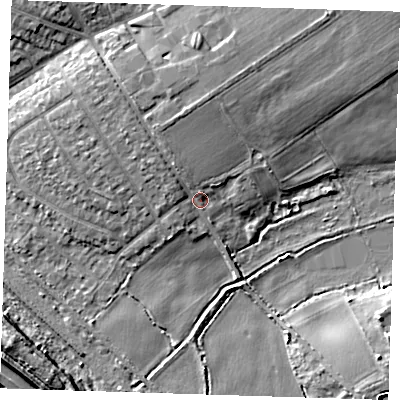 Shaded relief map of the ground around RM139PG, computed from Environment Agency LiDAR. The ground here sits at about 4 m above sea level and falls 8 m across the surrounding 800 m. Surface water reaching this point runs off ground lying to the north, 3.6 m higher.