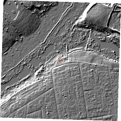 Shaded relief map of the ground around RM139QH, computed from Environment Agency LiDAR. The ground here sits at about 6 m above sea level and falls 8 m across the surrounding 800 m. Surface water reaching this point runs off ground lying to the south-east, 4.1 m higher.