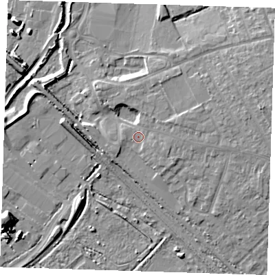 Shaded relief map of the ground around RM139TD, computed from Environment Agency LiDAR. The ground here sits at about 4 m above sea level and falls 12 m across the surrounding 800 m. Surface water reaching this point runs off ground lying to the east-north-east, 2.9 m higher.