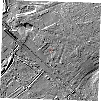 Shaded relief map of the ground around RM139TG, computed from Environment Agency LiDAR. The ground here sits at about 4 m above sea level and falls 8 m across the surrounding 800 m. Surface water reaching this point runs off ground lying to the north-east, 1.8 m higher.