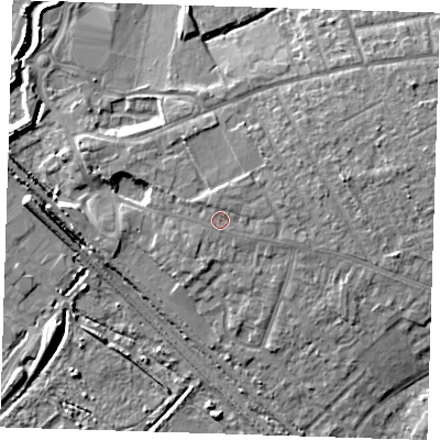 Shaded relief map of the ground around RM139TH, computed from Environment Agency LiDAR. The ground here sits at about 6 m above sea level and falls 8 m across the surrounding 800 m. Surface water reaching this point runs off ground lying to the north-north-west, 0.9 m higher.