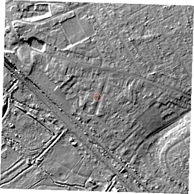 Shaded relief map of the ground around RM139TU, computed from Environment Agency LiDAR. The ground here sits at about 5 m above sea level and falls 8 m across the surrounding 800 m. Surface water reaching this point runs off ground lying to the north-north-east, 1.5 m higher.