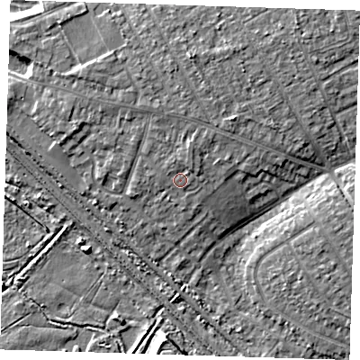 Shaded relief map of the ground around RM139UA, computed from Environment Agency LiDAR. The ground here sits at about 5 m above sea level and falls 8 m across the surrounding 800 m. Surface water reaching this point runs off ground lying to the north, 2.3 m higher.