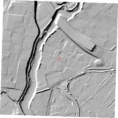 Shaded relief map of the ground around RM139UL, computed from Environment Agency LiDAR. The ground here sits at about 3 m above sea level and falls 12 m across the surrounding 800 m. Surface water reaching this point runs off ground lying to the west-south-west, 3.0 m higher.