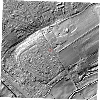 Shaded relief map of the ground around RM139UU, computed from Environment Agency LiDAR. The ground here sits at about 6 m above sea level and falls 8 m across the surrounding 800 m. Surface water reaching this point runs off ground lying to the north, 0.8 m higher.
