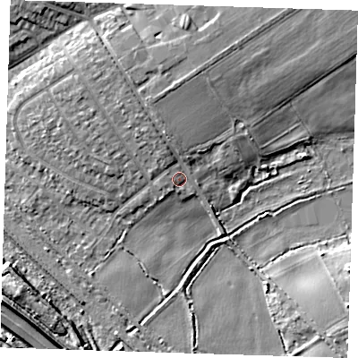 Shaded relief map of the ground around RM139UX, computed from Environment Agency LiDAR. The ground here sits at about 4 m above sea level and falls 8 m across the surrounding 800 m. Surface water reaching this point runs off ground lying to the north, 3.7 m higher.