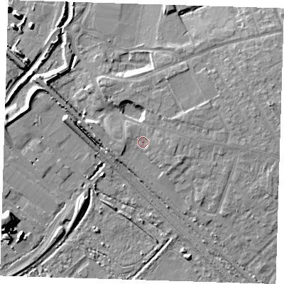 Shaded relief map of the ground around RM139WY, computed from Environment Agency LiDAR. The ground here sits at about 4 m above sea level and falls 12 m across the surrounding 800 m. Surface water reaching this point runs off ground lying to the east-north-east, 2.9 m higher.