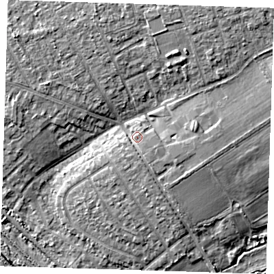 Shaded relief map of the ground around RM139XA, computed from Environment Agency LiDAR. The ground here sits at about 6 m above sea level and falls 8 m across the surrounding 800 m. Surface water reaching this point runs off ground lying to the south-south-east, 2.3 m higher.
