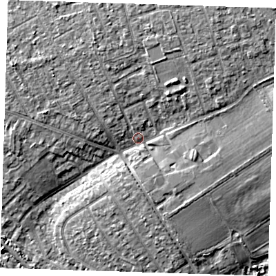 Shaded relief map of the ground around RM139XB, computed from Environment Agency LiDAR. The ground here sits at about 5 m above sea level and falls 8 m across the surrounding 800 m. Surface water reaching this point runs off ground lying to the north-north-east, 4.3 m higher.