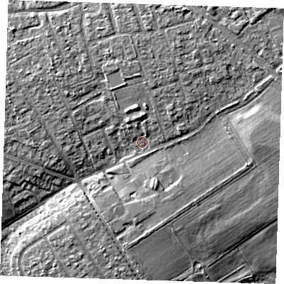 Shaded relief map of the ground around RM139XH, computed from Environment Agency LiDAR. The ground here sits at about 5 m above sea level and falls 9 m across the surrounding 800 m. Surface water reaching this point runs off ground lying to the north-north-east, 3.7 m higher.