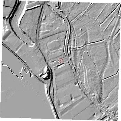 Shaded relief map of the ground around RM139YA, computed from Environment Agency LiDAR. The ground here sits at about 2 m above sea level and falls 11 m across the surrounding 800 m. Surface water reaching this point runs off ground lying to the south-west, 9.5 m higher.