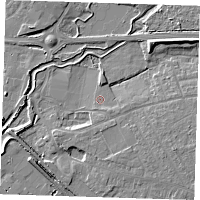 Shaded relief map of the ground around RM139YG, computed from Environment Agency LiDAR. The ground here sits at about 4 m above sea level and falls 11 m across the surrounding 800 m. Surface water reaching this point runs off ground lying to the south-south-east, 1.8 m higher.