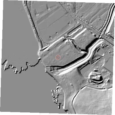 Shaded relief map of the ground around RM139YQ, computed from Environment Agency LiDAR. The ground here sits at about 6 m above sea level and falls 28 m across the surrounding 800 m. The ground contributing surface water to this point lies to the south-west.