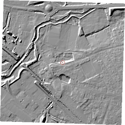 Shaded relief map of the ground around RM139YR, computed from Environment Agency LiDAR. The ground here sits at about 4 m above sea level and falls 10 m across the surrounding 800 m. Surface water reaching this point runs off ground lying to the south-east, 4.2 m higher.