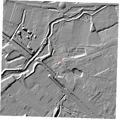 Shaded relief map of the ground around RM139YW, computed from Environment Agency LiDAR. The ground here sits at about 4 m above sea level and falls 11 m across the surrounding 800 m. Surface water reaching this point runs off ground lying to the east-south-east, 5.4 m higher.