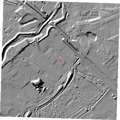 Shaded relief map of the ground around RM139YY, computed from Environment Agency LiDAR. The ground here sits at about 3 m above sea level and falls 12 m across the surrounding 800 m. Surface water reaching this point runs off ground lying to the north-west, 4.3 m higher.