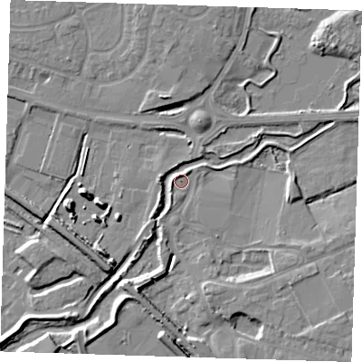 Shaded relief map of the ground around RM139YZ, computed from Environment Agency LiDAR. The ground here sits at about 3 m above sea level and falls 10 m across the surrounding 800 m. Surface water reaching this point runs off ground lying to the south-west, 3.6 m higher.
