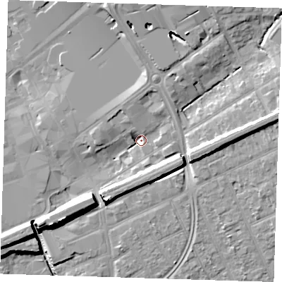 Shaded relief map of the ground around RM13FA, computed from Environment Agency LiDAR. The ground here sits at about 15 m above sea level and falls 15 m across the surrounding 800 m. Surface water reaching this point runs off ground lying to the north-north-east, 6.3 m higher.