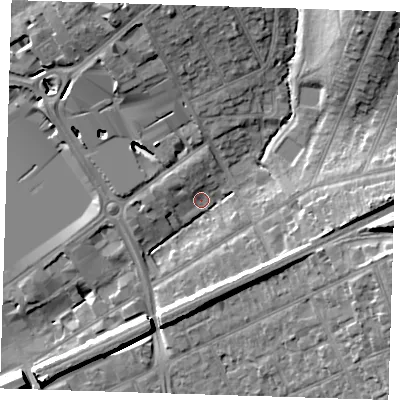 Shaded relief map of the ground around RM13FG, computed from Environment Agency LiDAR. The ground here sits at about 18 m above sea level and falls 16 m across the surrounding 800 m. Surface water reaching this point runs off ground lying to the north-west, 3.0 m higher.
