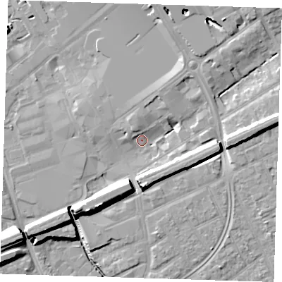 Shaded relief map of the ground around RM13JR, computed from Environment Agency LiDAR. The ground here sits at about 15 m above sea level and falls 16 m across the surrounding 800 m. Surface water reaching this point runs off ground lying to the east, 11.3 m higher.