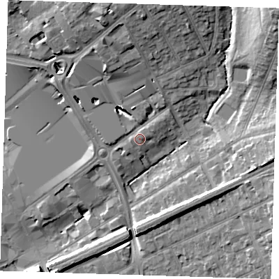 Shaded relief map of the ground around RM13LP, computed from Environment Agency LiDAR. The ground here sits at about 20 m above sea level and falls 17 m across the surrounding 800 m. Surface water reaching this point runs off ground lying to the north-east, 1.1 m higher.