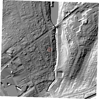 Shaded relief map of the ground around RM13NB, computed from Environment Agency LiDAR. The ground here sits at about 23 m above sea level and falls 20 m across the surrounding 800 m. Surface water reaching this point runs off ground lying to the north-west, 4.9 m higher.