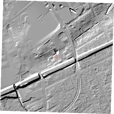 Shaded relief map of the ground around RM13NH, computed from Environment Agency LiDAR. The ground here sits at about 15 m above sea level and falls 16 m across the surrounding 800 m. Surface water reaching this point runs off ground lying to the east-north-east, 9.8 m higher.