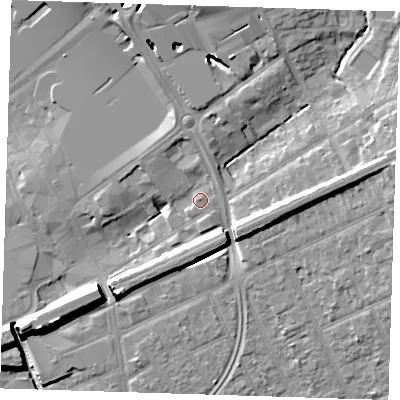 Shaded relief map of the ground around RM13NL, computed from Environment Agency LiDAR. The ground here sits at about 17 m above sea level and falls 16 m across the surrounding 800 m. Surface water reaching this point runs off ground lying to the north, 3.6 m higher.