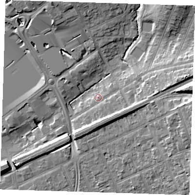 Shaded relief map of the ground around RM13PB, computed from Environment Agency LiDAR. The ground here sits at about 18 m above sea level and falls 16 m across the surrounding 800 m. Surface water reaching this point runs off ground lying to the east, 9.2 m higher.