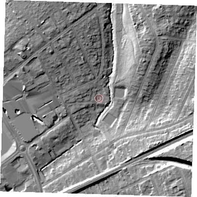 Shaded relief map of the ground around RM13QT, computed from Environment Agency LiDAR. The ground here sits at about 19 m above sea level and falls 20 m across the surrounding 800 m. Surface water reaching this point runs off ground lying to the west-north-west, 2.8 m higher.