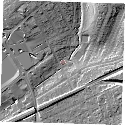 Shaded relief map of the ground around RM13QZ, computed from Environment Agency LiDAR. The ground here sits at about 18 m above sea level and falls 18 m across the surrounding 800 m. Surface water reaching this point runs off ground lying to the north-east, 13.4 m higher.