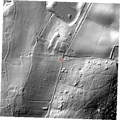 Shaded relief map of the ground around RM141TS, computed from Environment Agency LiDAR. The ground here sits at about 52 m above sea level and falls 40 m across the surrounding 800 m. Surface water reaching this point runs off ground lying to the east-north-east, 20.3 m higher.