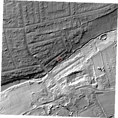 Shaded relief map of the ground around RM142DD, computed from Environment Agency LiDAR. The ground here sits at about 15 m above sea level and falls 11 m across the surrounding 800 m. Surface water reaching this point runs off ground lying to the east-south-east, 9.5 m higher.