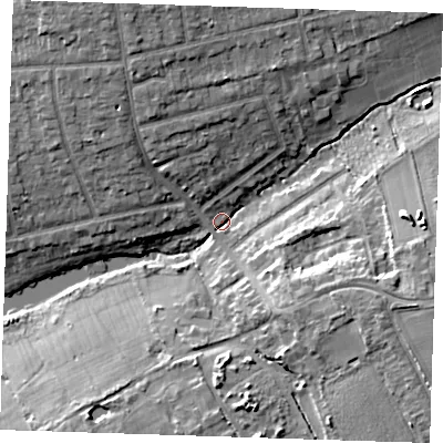Shaded relief map of the ground around RM142DE, computed from Environment Agency LiDAR. The ground here sits at about 14 m above sea level and falls 11 m across the surrounding 800 m. Surface water reaching this point runs off ground lying to the east-south-east, 9.7 m higher.
