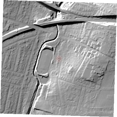 Shaded relief map of the ground around RM142LX, computed from Environment Agency LiDAR. The ground here sits at about 11 m above sea level and falls 24 m across the surrounding 800 m. Surface water reaching this point runs off ground lying to the east, 14.6 m higher.