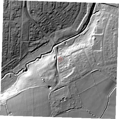 Shaded relief map of the ground around RM142NL, computed from Environment Agency LiDAR. The ground here sits at about 13 m above sea level and falls 17 m across the surrounding 800 m. Surface water reaching this point runs off ground lying to the south-south-east, 9.2 m higher.