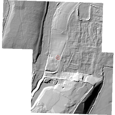 Shaded relief map of the ground around RM142XR, computed from Environment Agency LiDAR. The ground here sits at about 12 m above sea level and falls 23 m across the surrounding 800 m. Surface water reaching this point runs off ground lying to the east-north-east, 3.6 m higher.