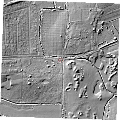 Shaded relief map of the ground around RM143LS, computed from Environment Agency LiDAR. The ground here sits at about 11 m above sea level and falls 9 m across the surrounding 800 m. Surface water reaching this point runs off ground lying to the west, 6.8 m higher.