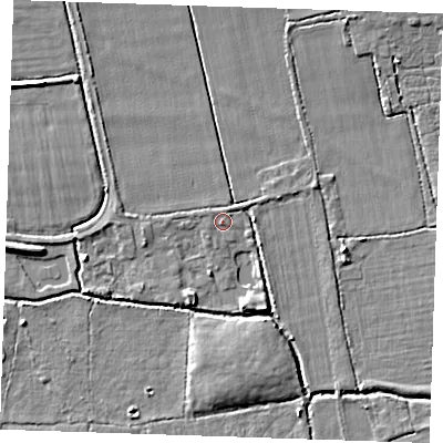 Shaded relief map of the ground around RM143PA, computed from Environment Agency LiDAR. The ground here sits at about 7 m above sea level and falls 5 m across the surrounding 800 m. Surface water reaching this point runs off ground lying to the north-west, 0.7 m higher.