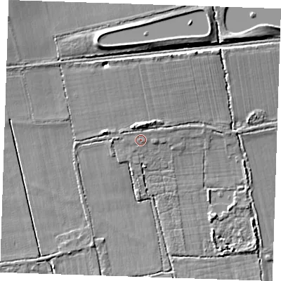Shaded relief map of the ground around RM143PB, computed from Environment Agency LiDAR. The ground here sits at about 9 m above sea level and falls 9 m across the surrounding 800 m. Surface water reaching this point runs off ground lying to the north-north-east, 3.9 m higher.