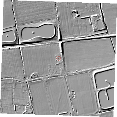 Shaded relief map of the ground around RM143PD, computed from Environment Agency LiDAR. The ground here sits at about 9 m above sea level and falls 9 m across the surrounding 800 m. Surface water reaching this point runs off ground lying to the north, 5.2 m higher.