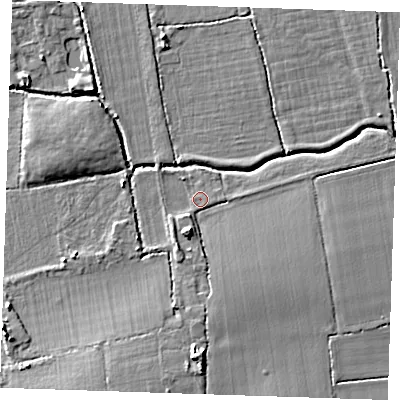 Shaded relief map of the ground around RM143PH, computed from Environment Agency LiDAR. The ground here sits at about 7 m above sea level and falls 6 m across the surrounding 800 m. Surface water reaching this point runs off ground lying to the south-south-west, 3.1 m higher.