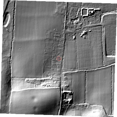 Shaded relief map of the ground around RM143PL, computed from Environment Agency LiDAR. The ground here sits at about 11 m above sea level and falls 27 m across the surrounding 800 m. Surface water reaching this point runs off ground lying to the south-south-west, 23.3 m higher.
