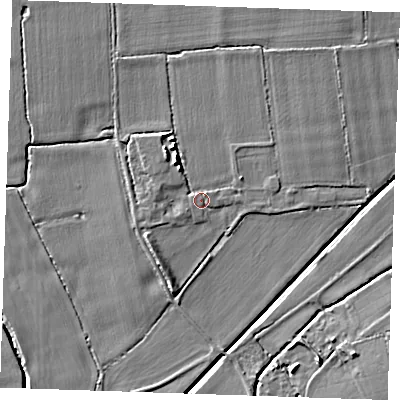 Shaded relief map of the ground around RM143RJ, computed from Environment Agency LiDAR. The ground here sits at about 5 m above sea level and falls 6 m across the surrounding 800 m. Surface water reaching this point runs off ground lying to the west-north-west, 1.6 m higher.
