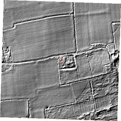 Shaded relief map of the ground around RM143RL, computed from Environment Agency LiDAR. The ground here sits at about 8 m above sea level and falls 5 m across the surrounding 800 m. Surface water reaching this point runs off ground lying to the east-south-east, 0.7 m higher.