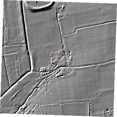 Shaded relief map of the ground around RM143RP, computed from Environment Agency LiDAR. The ground here sits at about 5 m above sea level and falls 5 m across the surrounding 800 m. Surface water reaching this point runs off ground lying to the east-south-east, 1.0 m higher.
