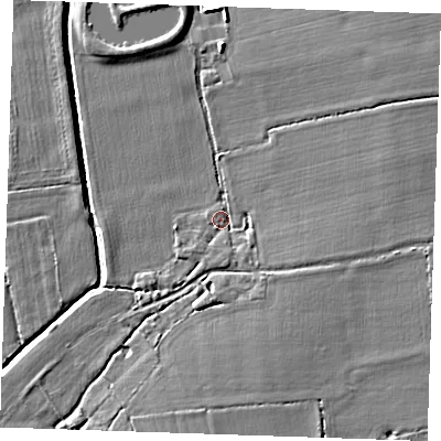 Shaded relief map of the ground around RM143RR, computed from Environment Agency LiDAR. The ground here sits at about 5 m above sea level and falls 5 m across the surrounding 800 m. Surface water reaching this point runs off ground lying to the east-north-east, 2.7 m higher.